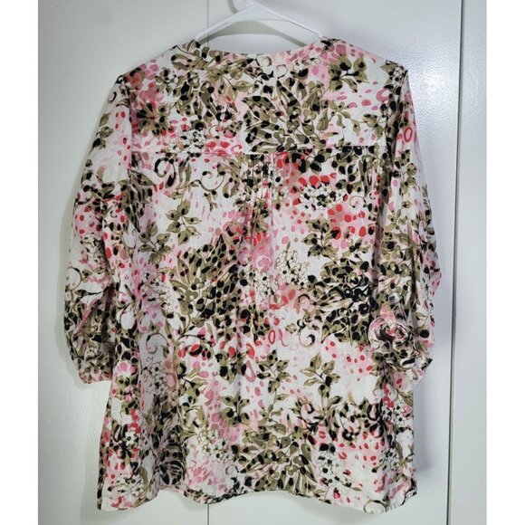 CORAL BAY Women';s LG Linen Blend Floral Button Up Blouse Top Roll Tab Sleeve - Picture 2 of 9